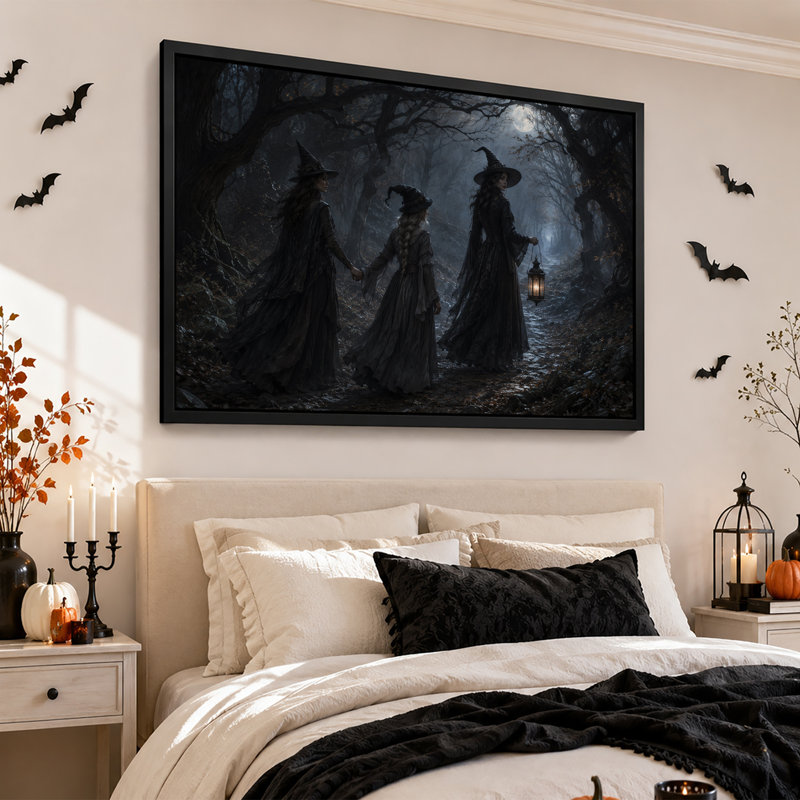 Art mural sur toile, "Trois sorcières marchant dans la forêt brumeuse", 12"H x 18"W