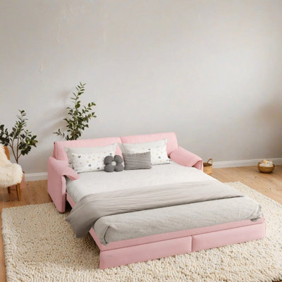 Grand canapé-lit 66 po, canapé-lit convertible 3-en-1 avec rangement latéral, causeuse multifonctionnelle en velours pour le salon, la chambre à coucher, un appartement, un bureau. (Rose)