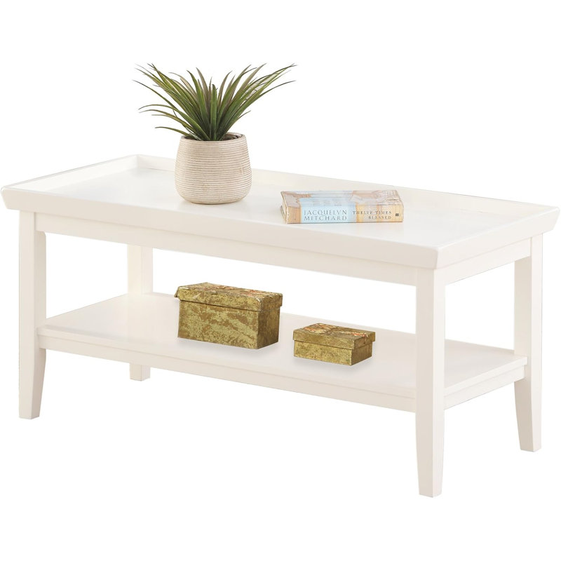 Table basse moderne avec tablette inférieure - fabrication en bois d'hévéa massif, bords de plateau surélevés, pieds fuselés, options de finition multiples
