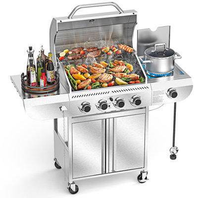 R.w.flame Stainless Steel Propane Gas Grill With Side Burner – High-Power Outdoor Cooking Station, Porcelain-Enameled Cast Iron Grates, Baking Pan Included (Silver) 