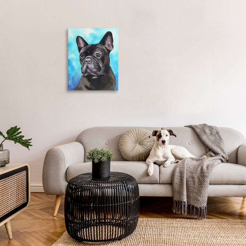 Bouledogue français sur toile bleue par GeorgeDyachenkoArt, H 30 po x l 24 po