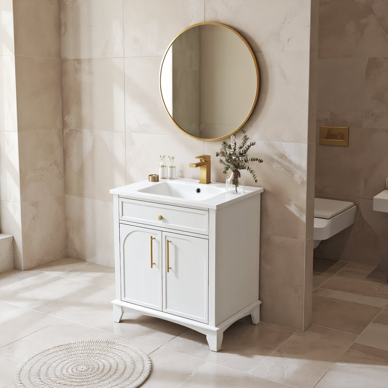 Meuble-lavabo 28 po avec lavabo - rangement autoportant moderne, tiroirs, poignées en métal, finition peinte de style Mid-Century