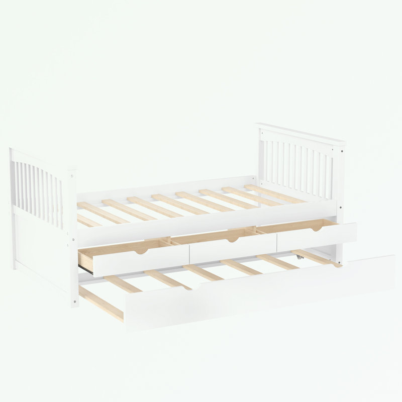 Lit plateforme simple avec tiroirs et lit gigogne, Blanc cassé