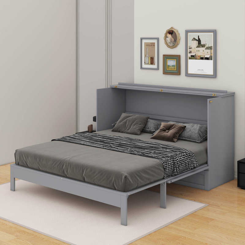 Grand lit escamotable avec tiroirs, Gris, Grand lit