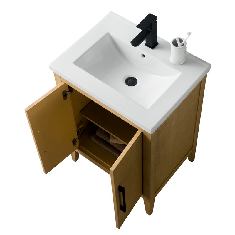 Single Bathroom Vanity with Ceramic Top, Matte Black, Natural Oak, 24"