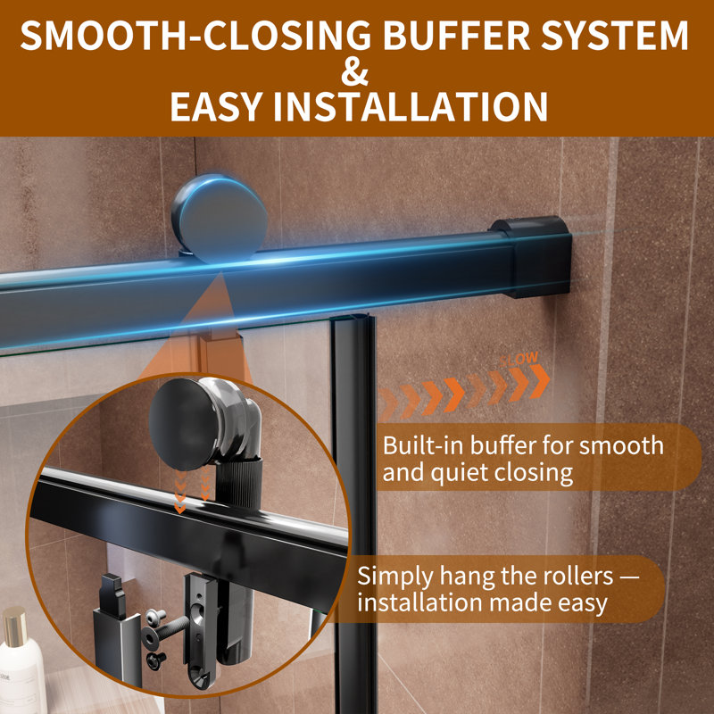 56"-60"W X 76"H Single Sliding Shower Door Soft Close With 1/4" Clear Tempered Glass