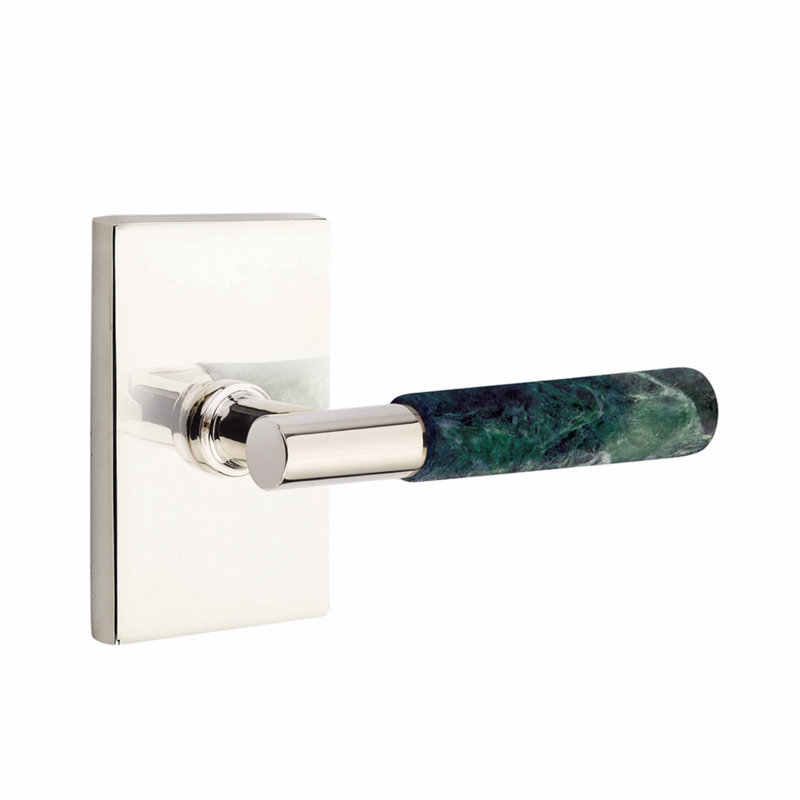 Ensemble de leviers d'intimité Emtek Select, moderne Rosette, tige en T, CF, Nickel poli / poignée en marbre vert