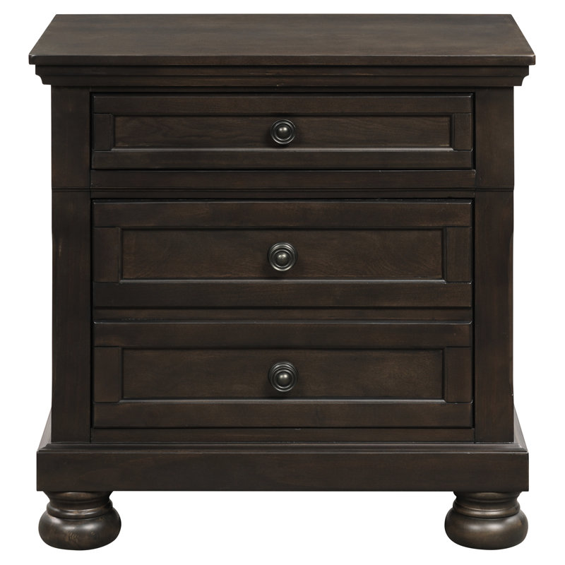 Table de chevet brun grisâtre pour la chambre à coucher - 2 tiroirs, bois d'ingénierie, quincaillerie à poignée antique transitionnelle en bois, décoration