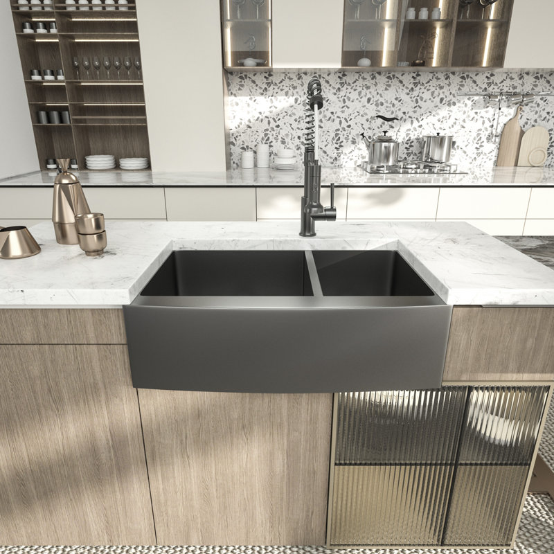 36 Inch Gunmetal Black 16 Gauge Stainless Steel Double Bowl 60/40 Farm Kitchen Sink Basin, Gunmetal Black