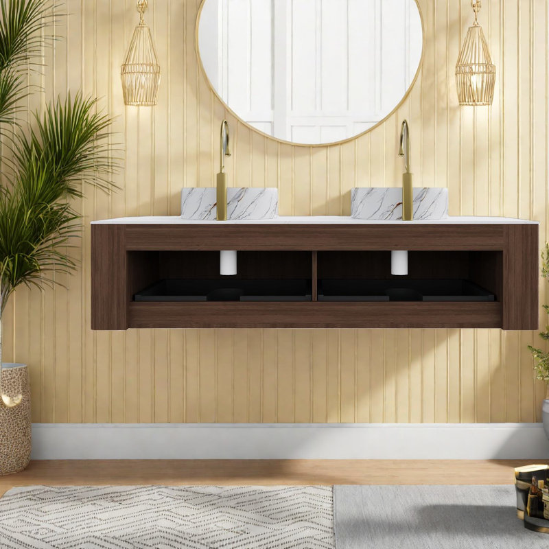 Meuble-lavabo de salle de bain moderne 60 "avec lavabos, grain de bois mural noyer foncé, lavabo en céramique, tiroirs de rangement