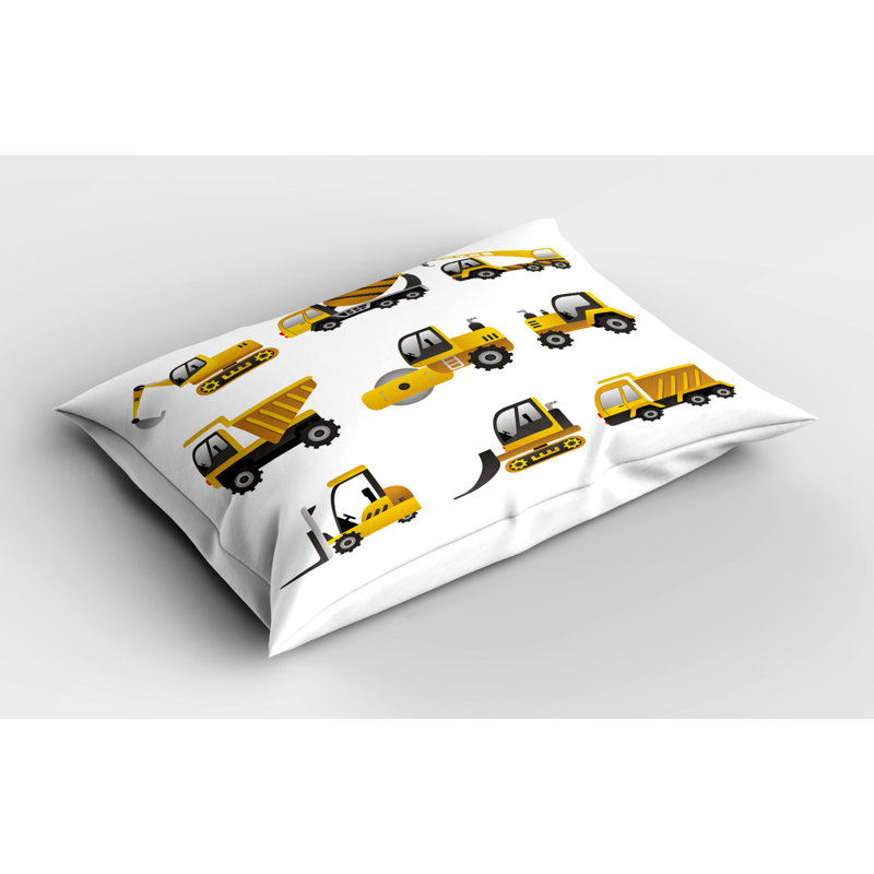 Kids Construction Vehicles Yellow and White Polyester Pillow Sham