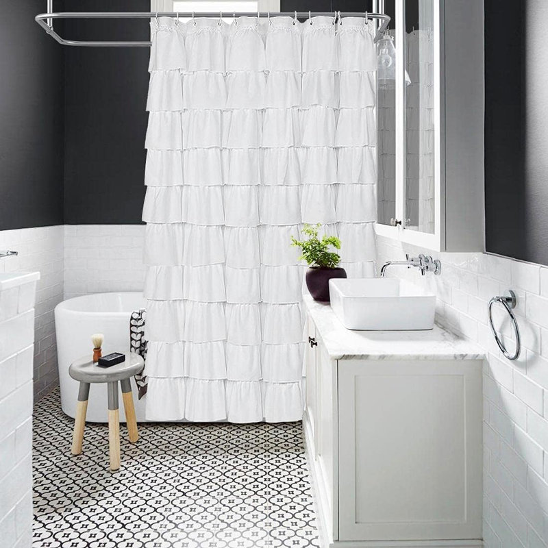 Rideau de douche à volants avec motif floral texturé - Décoration de salle de bain en polyester de style campagnard rétro