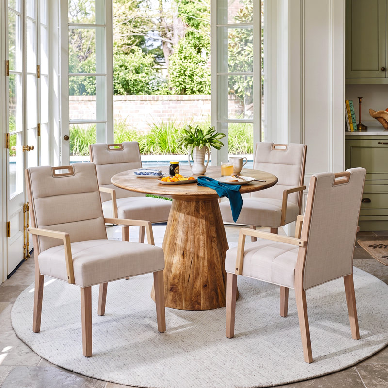 Linden Mid-Century Modern Upholstered Dining Armchairs with Rubberwood Frame, 4, Beige Cushion/Natural Frame
