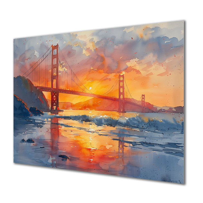 Art mural jaune jaune rouge Golden Gate, Métal métal, H 34 po x l 44 po x P 1,5 po