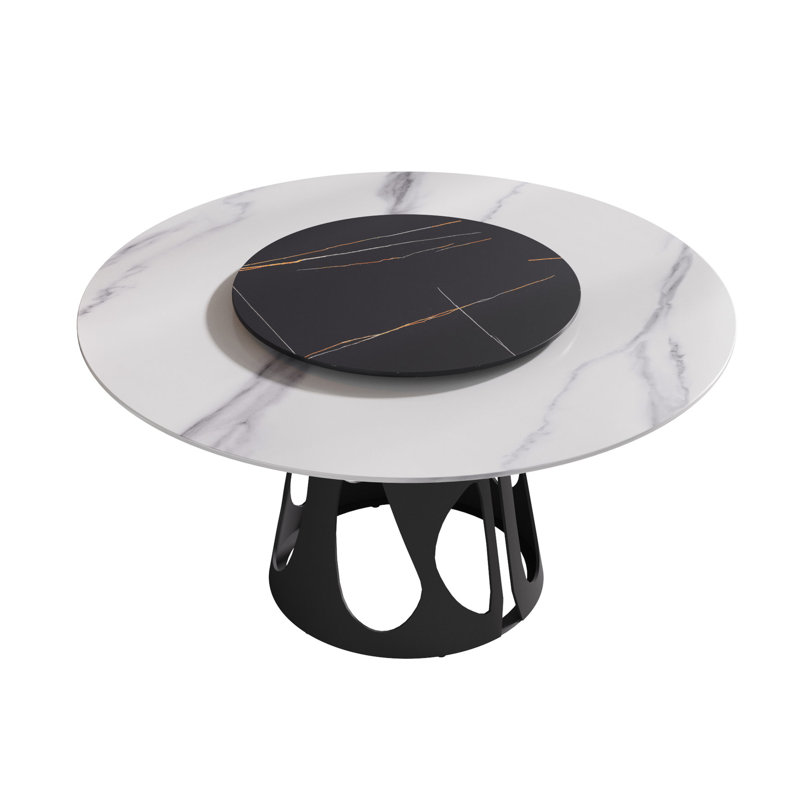 Table ronde de 59,29 po avec surface en pierre frittée et base en fer noir, 6 à 8 convives, plateau tournant de 31,5 po, blanc et noir, matériau chauffant stable