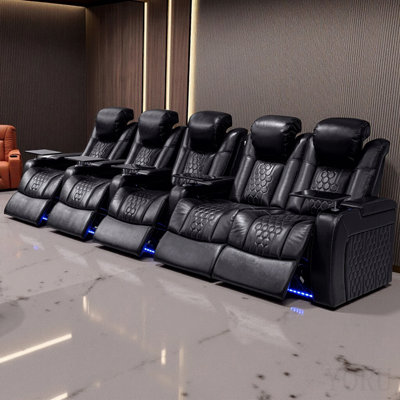 Siège de cinéma inclinable électrique en cuir véritable à 5 places Nappa 11000 avec appui-tête et soutien lombaire réglables, éclairage à DEL RVB, charge USB-C de 18 W, accoudoirs de rangement et porte-gobelets illuminés
