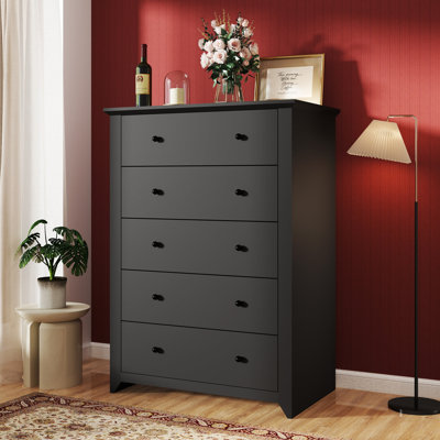 47" Tall 5-Drawer Dresser Chest Of Drawers Wood Storage Organizer For Closet Black