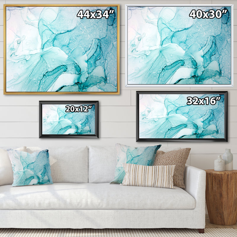 Turquoise Ink Universe - peinture sur toile, Cadre flottant en érable, H 12 po x l 20 po