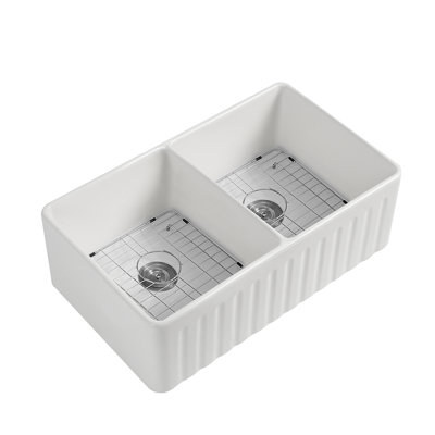 Durable Fireclay Farmhouse Kitchen Sink, White Double Basin, Rustic Style