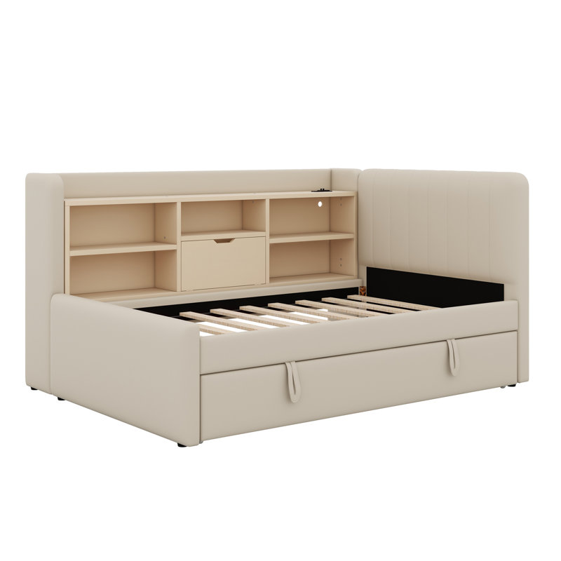 Lit de jour rembourré avec lit gigogne, tablettes de rangement, port USB et prise de courant, Beige