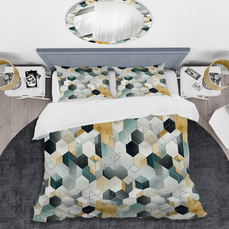 Grey Hexagons Dreams - Ensemble de housse de couette géométrique - Microfibre de polyester