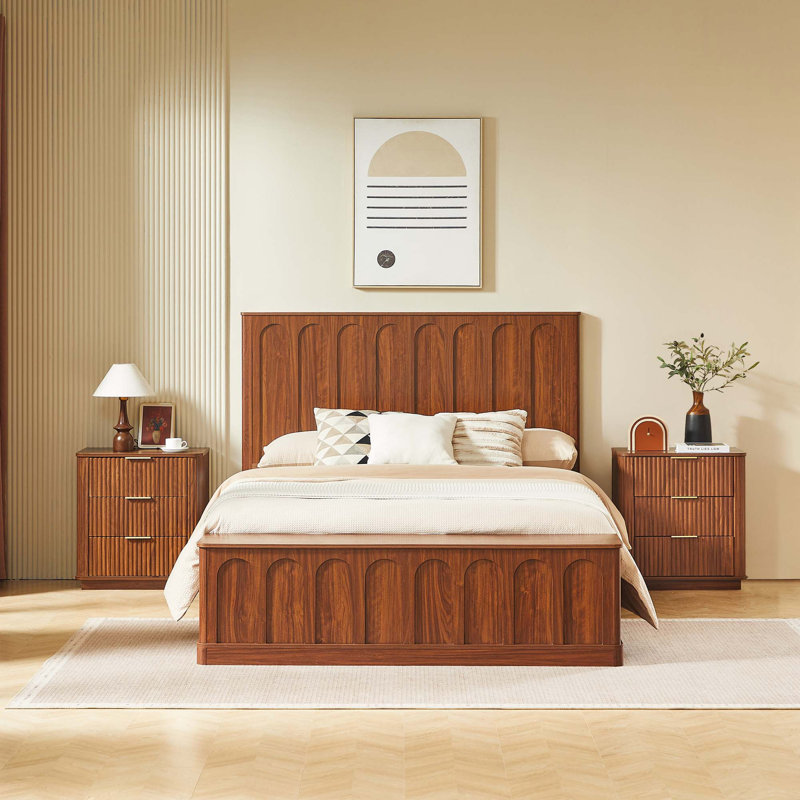 Lit plateforme de style Mid-Century avec rangement dissimulé et conception arquée, Walnut
