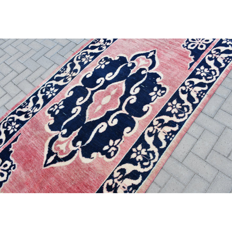 Tapis turc rétro fait à la main en rose et bleu marine pour décoration d'intérieur et de piste Boho bleu / rose