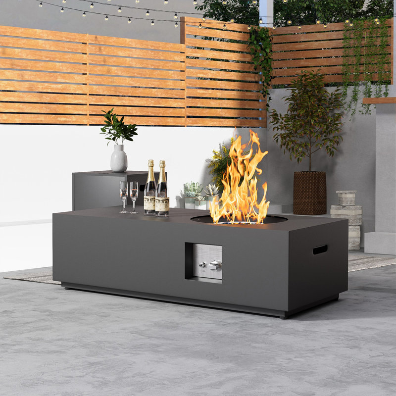 Foyer de table d'extérieur au propane en métal H 12,6 po x l 48 po, Noir, noir, noir, noir