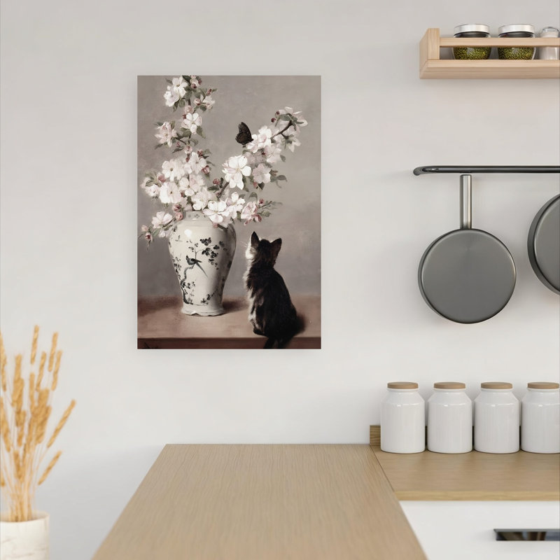 «Curious Kitten And Blossoms Peaceful Contemporary», H 18 po x l 12 po