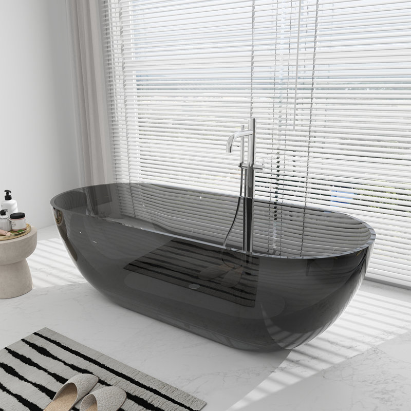 69'' x 29'' Freestanding Soaking Solid Surface Bathtub, Transparent Gray