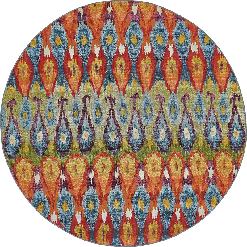 Tapis bleu intérieur / extérieur Newt Ikat, Rond 8 pi