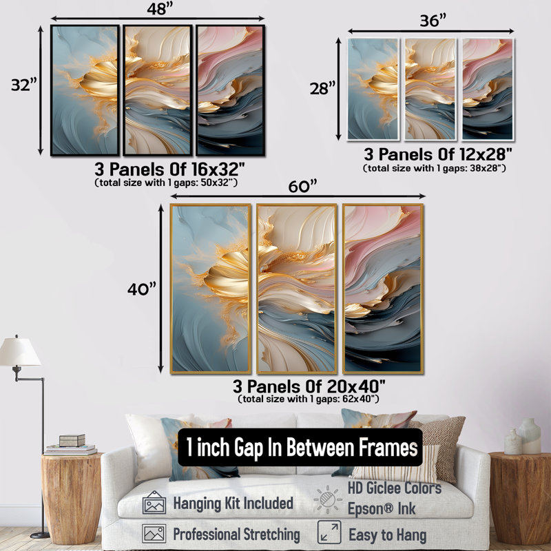 «Fluid Magnificence Pink Gold II», ensemble d'art mural abstrait à encre liquide, Cadre flottant brun