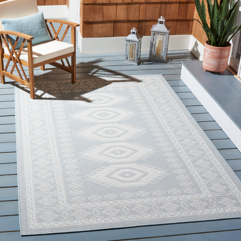Aqua Blue Ivory Rectangular Synthetic Washable Rug
