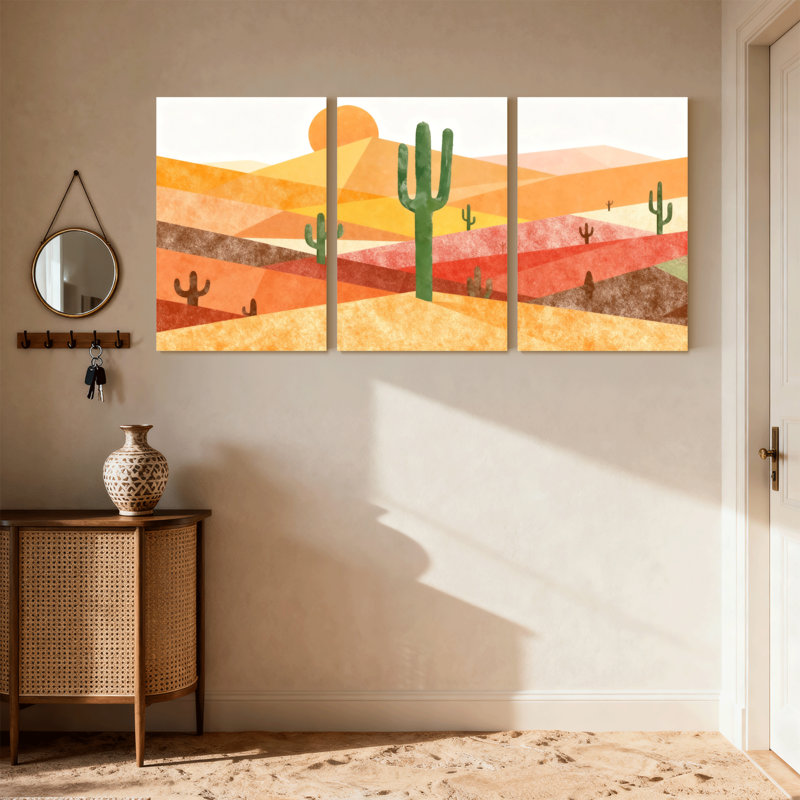 Cactus, paysage désertique avec cactus et coucher de soleil, ensemble de 3 impressions sur toile, H 18 po x l 36 po