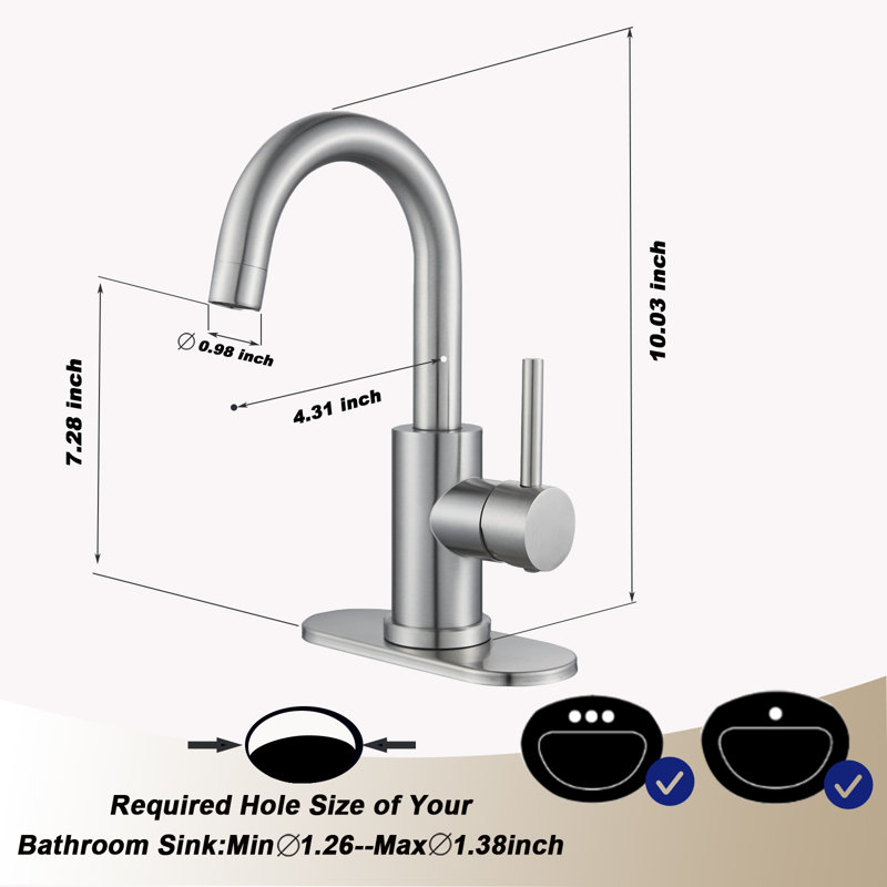 Single Hole Single-Handle Swivel Spout Bathroom Faucet Vanity Sink Faucet With Deck Plate Drain Kit , Brushed Nickel, 1.2