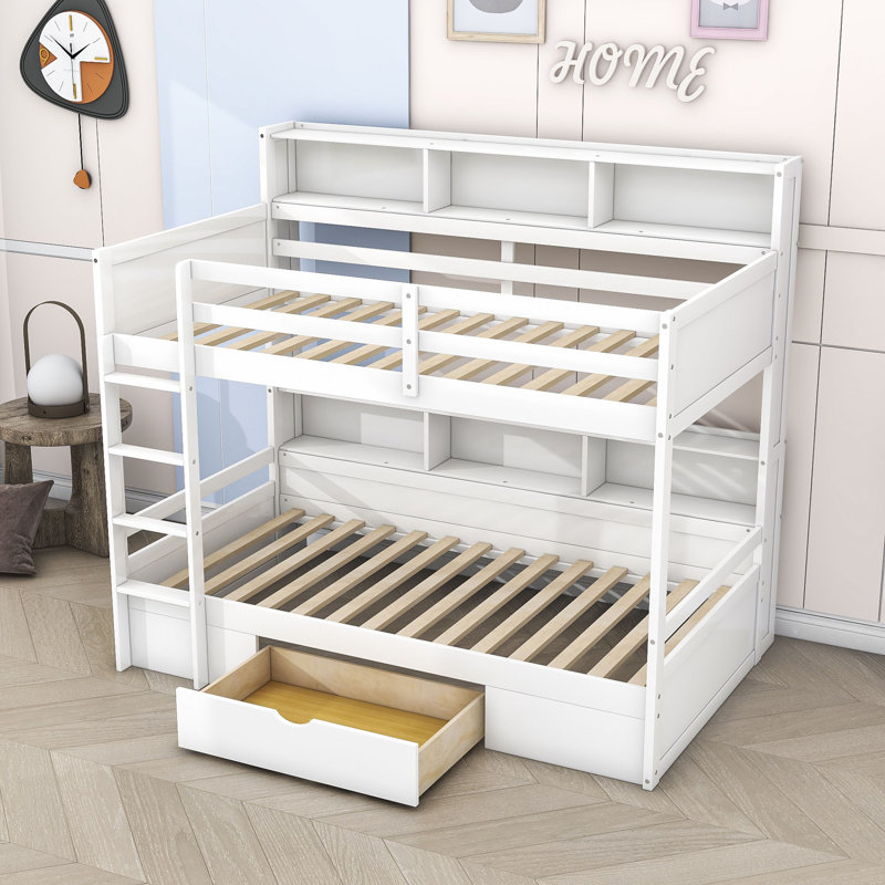 Lit superposé simple en bois avec tablettes Halsy Kids, Blanc
