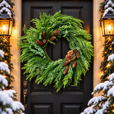 Couronne de Noël 24 pouces en pin véritable pour porte d'entrée, couronne de pommes de pin pour décoration intérieure et extérieure d'hiver