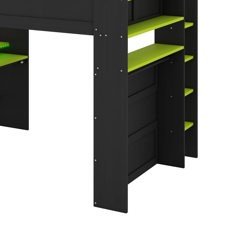 Lit superposé double en bois pleine grandeur avec bureau à hauteur réglable, garde-robe, grand espace de rangement et lumière RVB