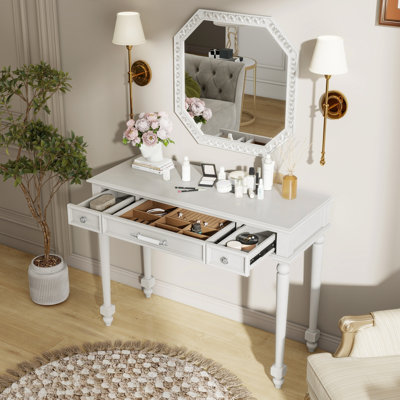 Retro Makeup Desk With Large Mirror, 3Drawer Dressing Table For Jewellery Storage, Elegant Console Table For Bedroom, Living Room, Hallway & Foyer,White