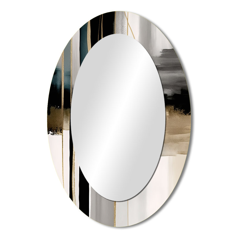Abstrait géométrique géométrique noir et or III - Miroir décoratif abstrait ovale sur métal, 36 po x 24 po