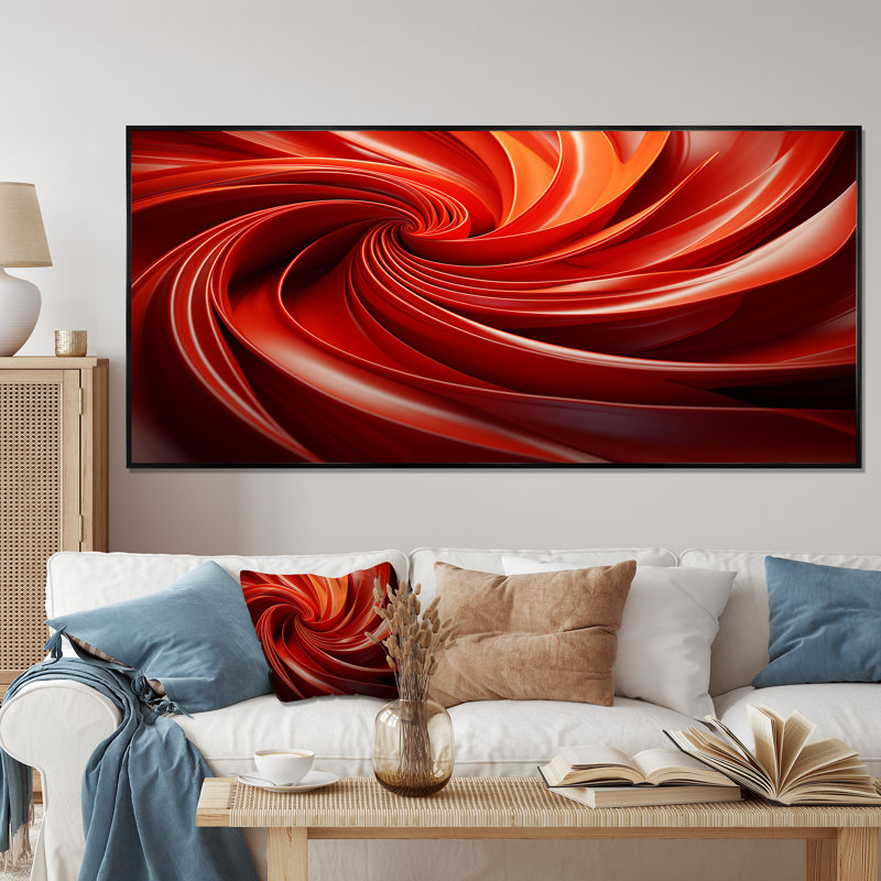 Orange et rouge abstrait spirale Dreamscape II - abstrait spirales murales, H 28 po x l 60 po x P 1,5 po, Cadre flottant noir