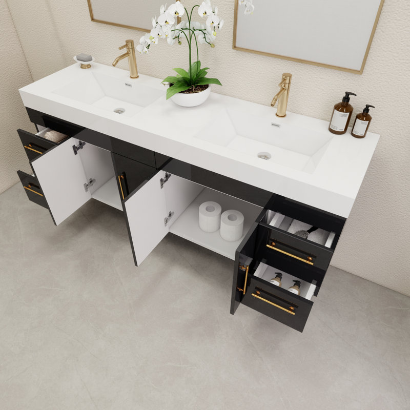 70.8" Wall-Mounted Double Bathroom Vanity Set, Glossy Black