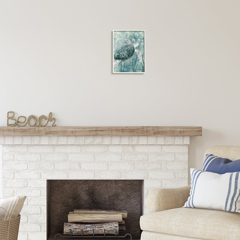Tortue verte et bulles sur bois par Nidhi Wadhwa, peinture, H 14 po x l 11 po x P 1,5 po, Giclée encadrée blanc bord de mer