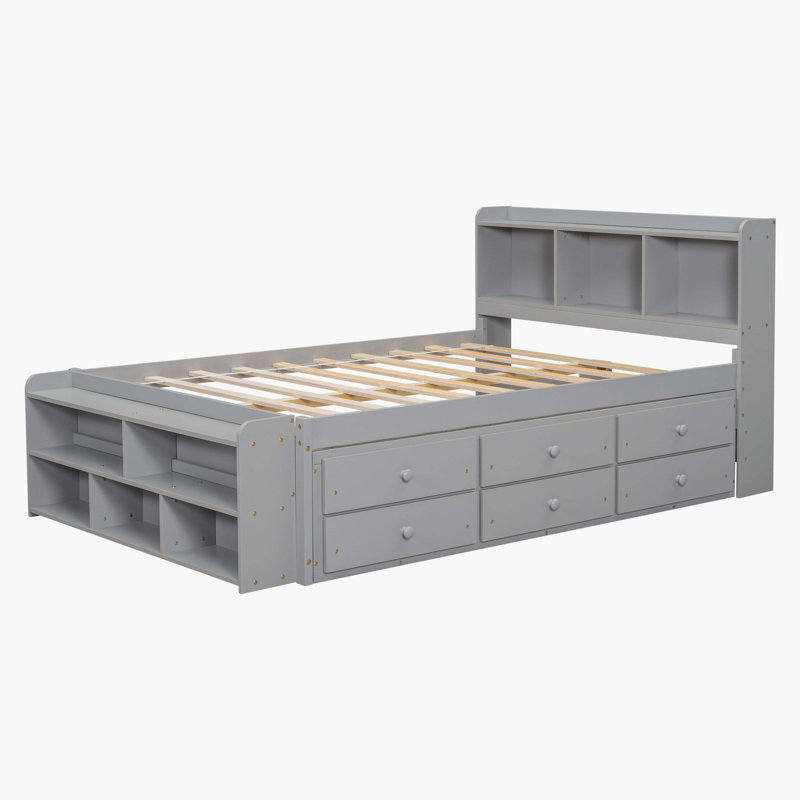 Grey Waterloo Wood Bed With Bookcase Headboard, Under-Bed Storage Drawers, And Bed-End Storage Cabinet, Gray
