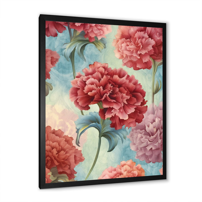 Harmonie des œillets rouges sur toile, H 32 po x l 16 po x P 1 po, Cadre simple noir