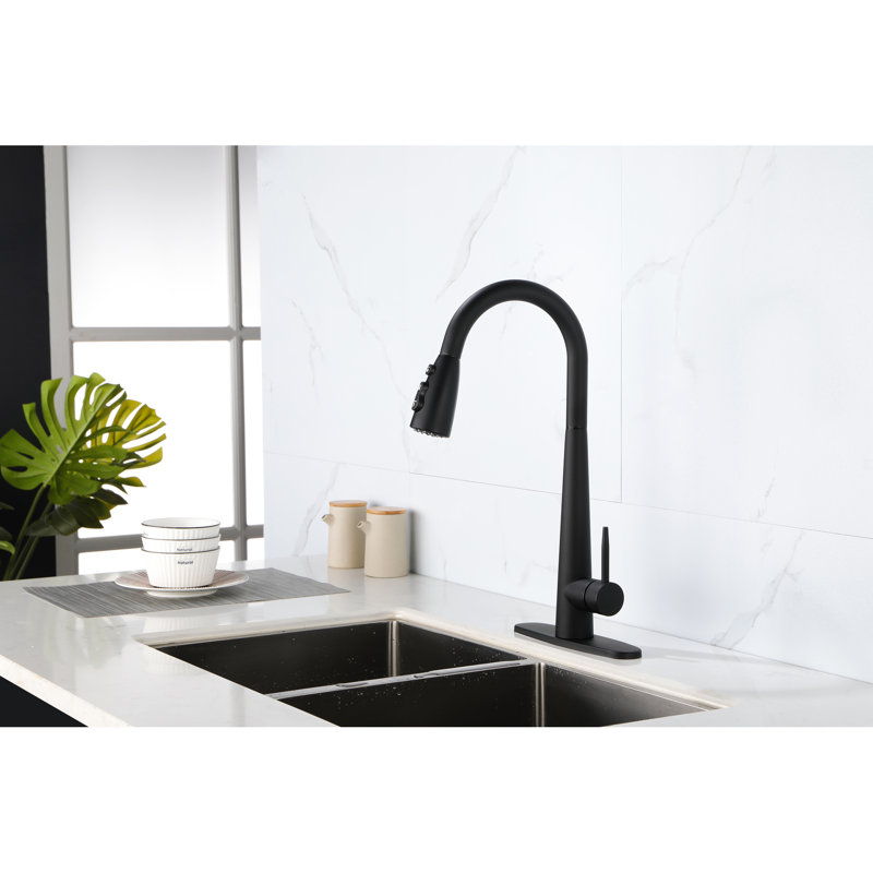 Single Handle Pull Down Kitchen Sink Faucet Of Stainless Steel, Matte Black Colorant, 360 Rotating High - Arc Nozzle, Three Water Output Selections  Stream, Spray,  , Easy Temperature And Flow