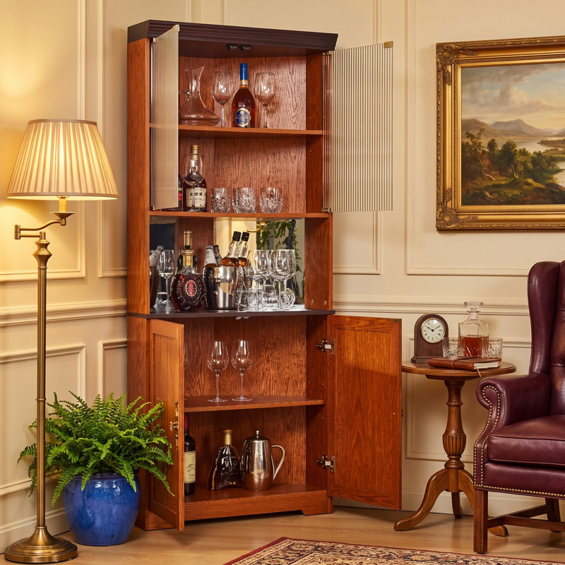 Armoire de rangement d'angle de 70,86 po de hauteur avec portes en verre et dossier en miroir, chêne foncé, Chêne foncé