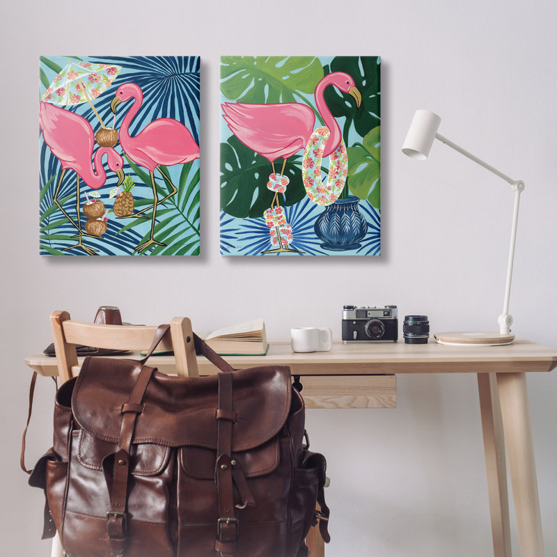 «Happy Hour flamants roses», ensemble de 2 toiles d'art sur toile par Yvette St. Amant, H 30 po x l 24 po