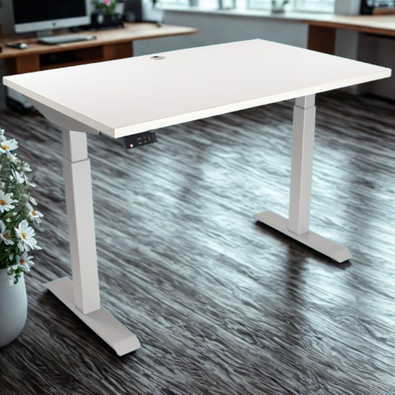 Skyscraper Electric Height Adjustable Standing Desk, Dual Motor and Digital Control with Memory, 48x30, White Top with Brushed Silver Frame