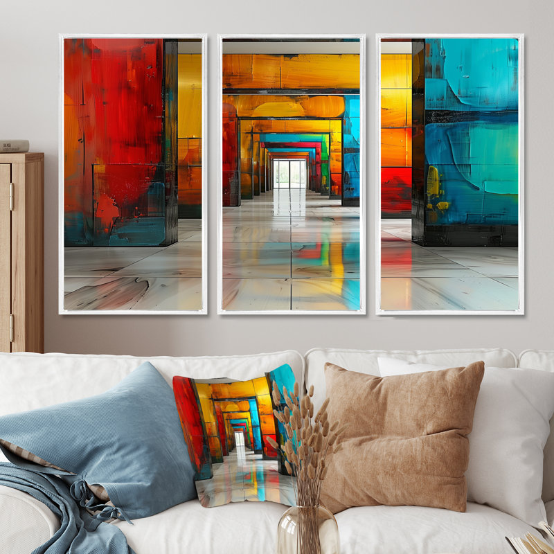 «Red Blue Colorful Glass Tunnels II - Tunnels», ensemble d'art mural, Toile encadrée flottée blanche